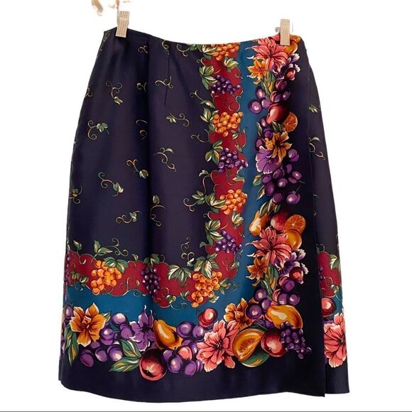 Vintage Silk Faux Wrap A Line Skirt Floral and Grape Design Size 12 - Picture 1 of 6